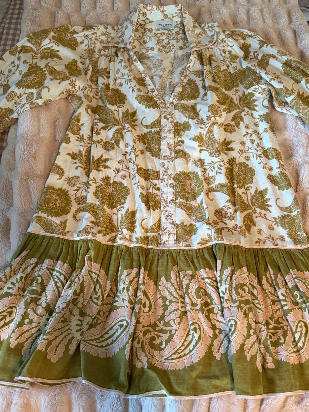 Miss June Paris Boho Floral Button-Front Dress in Olive & Cream